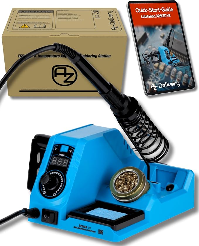 Lötstation 926LED V3 Lötkolben - Kit, 130W, einstellbar 200°C bis 480°C, inklusive steckbarem Lötkolbengriff, Lötständer, Lötspitzenreiniger & hitzebeständigem Reinigungsschwamm - AZ - Delivery