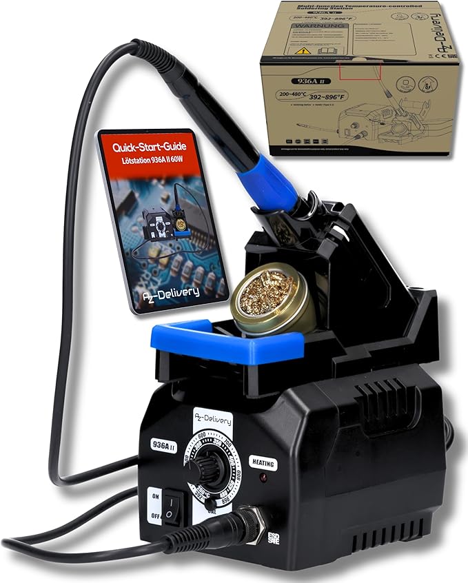 Lötstation 936A II Lötkolben - Kit, 115W, einstellbar 200°C - 480°C, inklusive steckbarem Lötkolbengriff, Lötständer, Lötspitzenreiniger & hitzebeständigem Reinigungsschwamm - AZ - Delivery