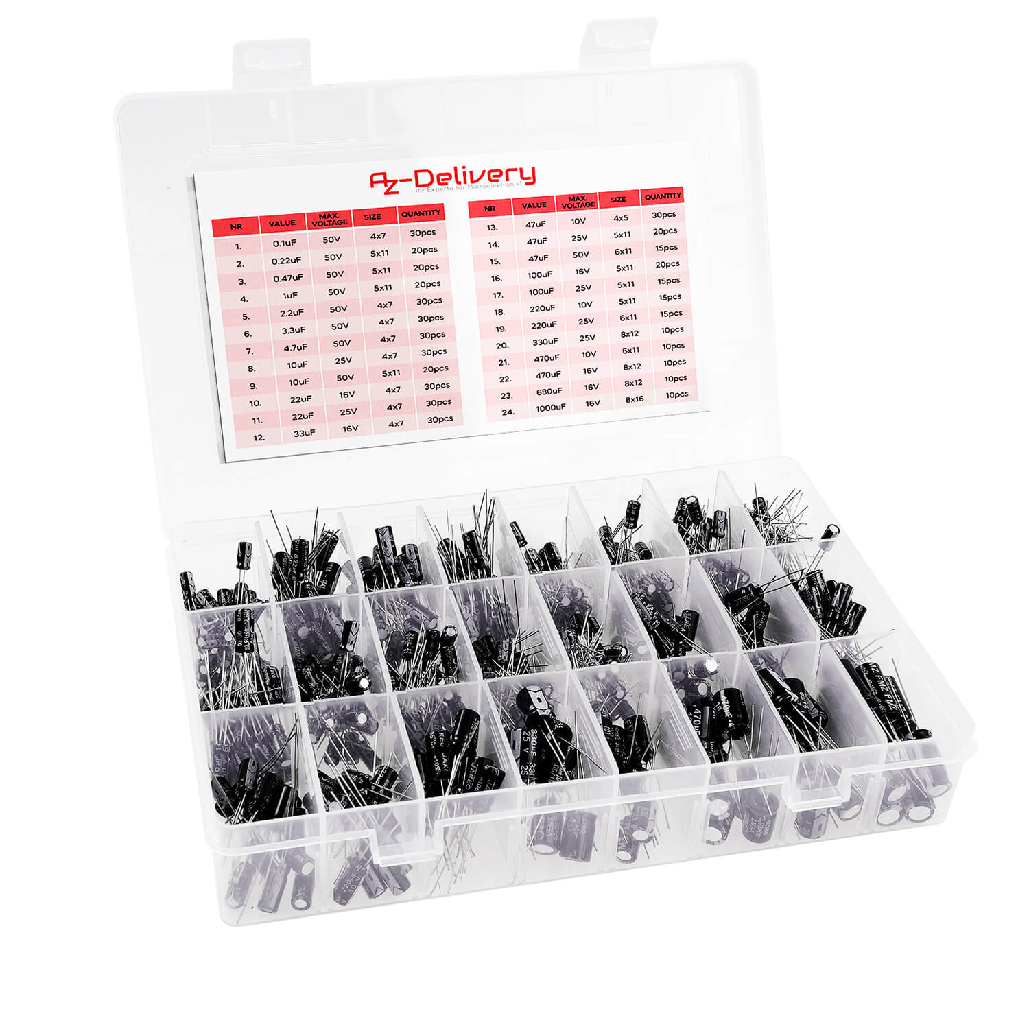 ElKo Sortiment Elektrolytkondensator Aluminium 24 Varianten, 500 Stück 0.1uF – 1000uF mit Aufbewahrungsbox kompatibel mit Arduino - AZ-Delivery