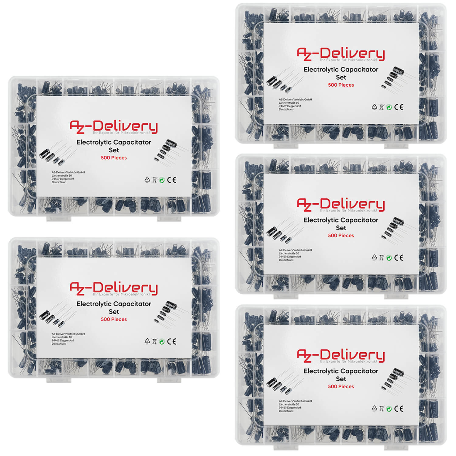ElKo Sortiment Elektrolytkondensator Aluminium 24 Varianten, 500 Stück 0.1uF – 1000uF mit Aufbewahrungsbox kompatibel mit Arduino - AZ-Delivery