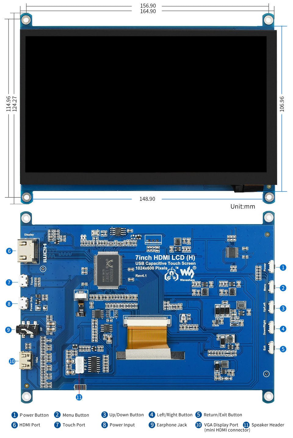Waveshare 7" IPS HDMI USB Touchdisplay mit Audio kompatibel mit Raspberry Pi - AZ-Delivery